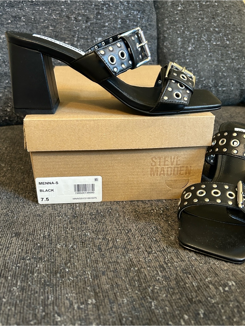 Steve Madden Black Grommet Buckle Block Heel Mules - Picture 6 of 8